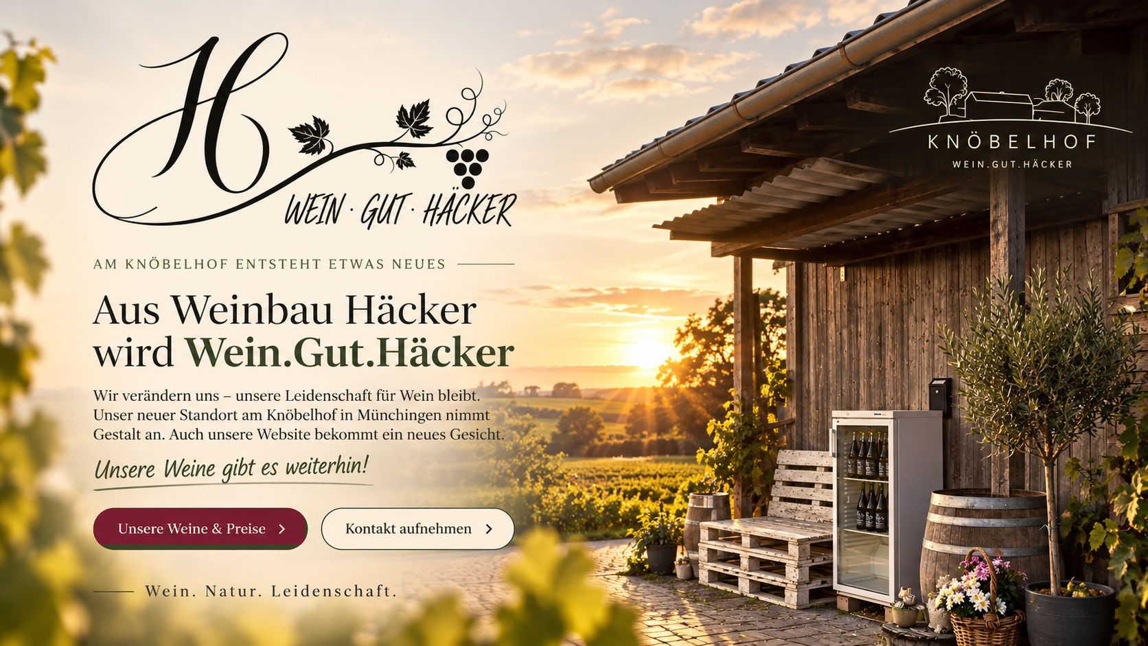 Aus Weinbau Häcker wird Wein.Gut.Häcker – Knöbelhof, Sonnenuntergang und Hofansicht.